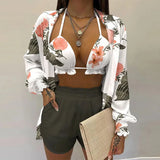 Zjkrl  -  Summer Sexy Bikini Three-piece Set Women's Printed Long Sleeve Shirt Sling Elastic Waist Shorts Beach Party