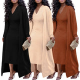 ZJKRL  -  European and American Women's Solid Color Pit Stretch Cape Coat + Slim V-neck Skirt Two-piece Set