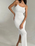 Zjkrl  -  Elegant Knitted Long White Dress Women Hot Sexy Spaghetti Straps Backless Bodycon Maxi Dress Lace-Up Slit Dress Party Outfits