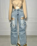 Zjkrl  -  Women Cutout Diamonds Crystal Hollow Out Straight Denim Pants Fall Multi Pocket High Waist Wide Leg Jeans Trousers