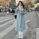 Zjkrl  -  Solid Lace Up Long Woolen Coat for Women Korean Loose Fashion Double Breasted Lapel Collar Female Autumn Winter Overcoats New