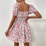 ZJKRL  -  Summer New Floral Short Skirt with Waistband and Bubble Sleeves Sweet and Spicy Style Dress