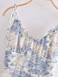 Retro French style Summer Blue White Floral Swallow Print Ruched Bandage Strap Mini Dress Sexy Ruffles Hem Lacing Up Sling Robe