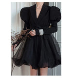 Zjkrl  -  Korean Black Mini Blazer Dress Women Elegant Vintage Chic Mesh Design Y2k Dress Winter Casual Sash Evening Party Dress One Piece