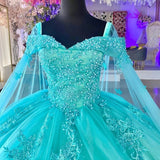 Zjkrl  -  Off-Shoulder Quinceanera Dresses With Long Cape Appliques Princess Pornos De 15 Años Formal Party Ball Gown HOT