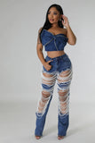 Zjkrl  -  Women Cutout Diamonds Crystal Hollow Out Straight Denim Pants Fall Multi Pocket High Waist Wide Leg Jeans Trousers