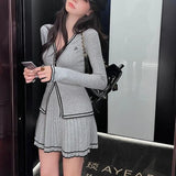 Zjkrl  -  Fall Women Korean Vintage Slim Mori Girl Knit Birthday Outfits 2 Piece Set Long Sleeve Single-breasted Top + Gyaru Mini Skirt