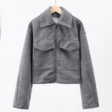 Zjkrl  -  Spring Grey Coat For Women Elegant Zapper Long Sleeve Turndown Collar Short Coats Female Fashion Streetwear Lady Outwear