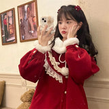 Zjkrl  -  Christmas Red Jacket Japanese Soft Girl Doll Neck Cute Thickened Coat 3 Piece Set Shirt Female Winter Sweet Girl Skirt Slim Fit