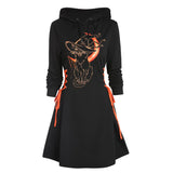 Women Gothic Hooded Dress Slight Stretch Sweatshirt Dresses Cat Hat Moon Print Tie Long Sleeve A-Line Mini Casual Dress