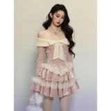 Zjkrl  -  Sexy Off Shoulder Long Sleeve Butterfly Knot Velvet Pink Dress for Women Winter New Retro Waist Slimming Lace Cake Mini Dress