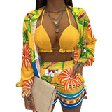 Zjkrl  -  Summer Sexy Bikini Three-piece Set Women's Printed Long Sleeve Shirt Sling Elastic Waist Shorts Beach Party