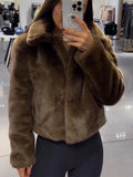 Zjkrl  -  Warm Faux Fur Short Coat Women Loose Lapel Long Sleeve  Furry Plush Coat Female Fashion Winter Thicken Brown Lady Outwear