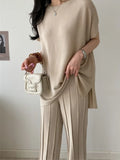 Zjkrl  -  2 Piece Sets Womens Outfits Spring Women T-Shirt Long Sleeve High Waist Pants Wide Leg Womens Trousers Two Piece Set Knitted