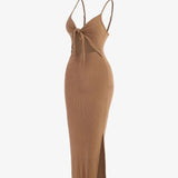 ZJKRL  -  Sexy Spaghetti Strap Ribbed Knot Cutout Side Split Maxi Dress Solid Body-Con Dress for Spring & Fall Women's Clothing Bodycon