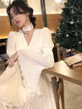 Zjkrl  -  French Pleated Long Sleeve Dresses for Women Elegant V Neck Flare Sleeve Ruffles Midi Vestiods Mujer Autumn Vintage Clothes