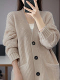 Zjkrl  -  Cashmere Blend Wool Soft Winter Warm Knitted V-neck Women's Cardigans Sweater Korean Fashion Casual Loose Long Sleeve Coat