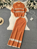 Zjkrl - Korean Spring Summer Vacation Style Knitted Twi Piece Set Women Chic Hollow out Sweater Cardigan +Long Maxi Skirt Sets