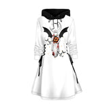 Women Gothic Hooded Dress Slight Stretch Sweatshirt Dresses Cat Hat Moon Print Tie Long Sleeve A-Line Mini Casual Dress