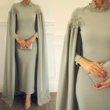 Zjkrl  -  Arabic High Neck Satin Women Muslim Evening Dresses Prom Lace Beaded Elegant Long Sleeve Formal Evening Gown