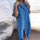 ZJKRL  -  Women Casual Short Sleeve Loose Beach Dress Female Simple Butted Party Dress New Elegant V-Neck  Cotton Linen Shirt Dress