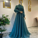 Zjkrl  -  Elegant Teal Long Sleeve Muslim Formal Dresses A Line Tulle Lace Beaded Arabic Prom Evening Gowns for Women Robe De Mariée