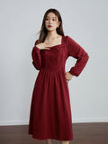 Retro Red Women Temperament Lace Decoration Square Neck Long Dress Autumn New Long Sleeve A-LINE Skirts Mid-Calf Dresses