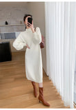 Zjkrl  -  Elegant White Knitted Long Dress Women Autumn Vintage Half High Collar Warm Sweater Dress Korean Casual Chic Evening Y2k Dress