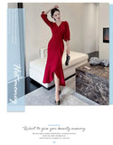 Zjkrl  -  Elegant Midi Red Mermaid Dress Women Autumn Korean Sexy V-neck Irregular Sequins Dress Vintage Casual Evening Party Dress