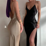 Zjkrl  -  New European and American spring and summer camisole women's clothing with elegant temperament, satin slit dress