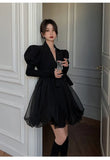 Zjkrl  -  Korean Black Mini Blazer Dress Women Elegant Vintage Chic Mesh Design Y2k Dress Winter Casual Sash Evening Party Dress One Piece