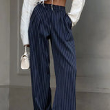 ZJKRL  -  Navy Blue Retro Striped Casual Wide Leg Pants New Fashionable and Versatile Women's Trousers