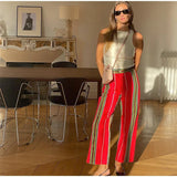 Zjkrl  -  Striped Contrast Color Pants Women Vintage Front Pockets Wide Leg Trousers Female Fashion Office Lady High Waist Y2K Streetwear