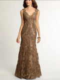 Zjkrl  -  Elegant Mermaid Trumpet V Neck Brown Lace Appliques Crystal Beaded Mother of the Bride Dress Formal Party Wedding Fashion