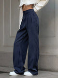 ZJKRL  -  Navy Blue Retro Striped Casual Wide Leg Pants New Fashionable and Versatile Women's Trousers