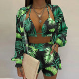 Zjkrl  -  Summer Sexy Bikini Three-piece Set Women's Printed Long Sleeve Shirt Sling Elastic Waist Shorts Beach Party