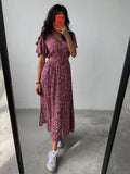 Zjkrl  -  Boho French Style Flower Printed Dress Women V-Neck Elegant Lace-up Sundress Summer Elegantes Para Mujer Maxi Dress Vestido