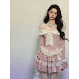 Zjkrl  -  Sexy Off Shoulder Long Sleeve Butterfly Knot Velvet Pink Dress for Women Winter New Retro Waist Slimming Lace Cake Mini Dress