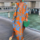 Zjkrl  -  Women Boho Print Loose Beach Dress Elegant Deep V-Neck Maxi Dress Ladies Sexy Long Sleeve Oversized Dresses Robe Longue