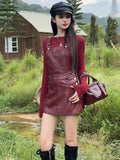 ZJKRL  -  American Overalls Dress Women Autumn Long Sleeve Knitted Shirt Spicy Girl Leather Dress Fashion Set Two Piece Set Women Outfits