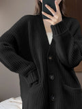 Zjkrl  -  Cashmere Blend Wool Soft Winter Warm Knitted V-neck Women's Cardigans Sweater Korean Fashion Casual Loose Long Sleeve Coat