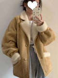 Zjkrl  -  Winter Fashion Brown Patchwork Faux Fur Velvet Cotton Jacket Women Long Sleeve Single-sided Warm Lapel Coat Female Casual Trend