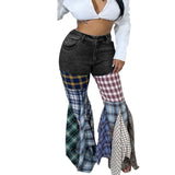 ZJKRL  -   Summer New Fashion Plaid Patchwork Plaid Flared Jeans Pants Ruffled Ripped Y2K BaggyTrousers