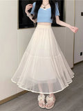 Zjkrl  -  holiday outfits Elegant Tulle Midi Skirt Women Sweet High Waist Mesh Pleated Skirts Korean Fashion Loose Cute Solid Casual A Line Skirt New