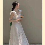 French embroidery, small flying sleeves, square collar, open back, white dress, women's summer, waist and slim A-line long skirt