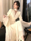 Zjkrl  -  French Pleated Long Sleeve Dresses for Women Elegant V Neck Flare Sleeve Ruffles Midi Vestiods Mujer Autumn Vintage Clothes