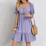 Zjkrl  -  Summer Womens Short Sleeve Mini Dress Ladies Pleated Ruffle Solid Dresses Casual V Neck Vintage Loose Vestidos