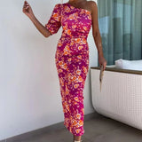 ZJKRL  -  Boho One-shoulder Puff Sleeve Long Dress Women Spring Skew Collar Backless Slit Party Dress Summer Print Slim Bodycon Maxi Dress