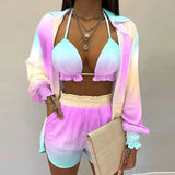 Zjkrl  -  Summer Sexy Bikini Three-piece Set Women's Printed Long Sleeve Shirt Sling Elastic Waist Shorts Beach Party