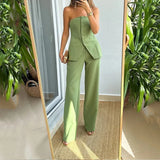 Zjkrl  -  Elegant Sleeveless Top Pants Sets Women Green Single Breasted Tops High Waist Wide Leg Pant Lady Suit Spring Two Piece Set